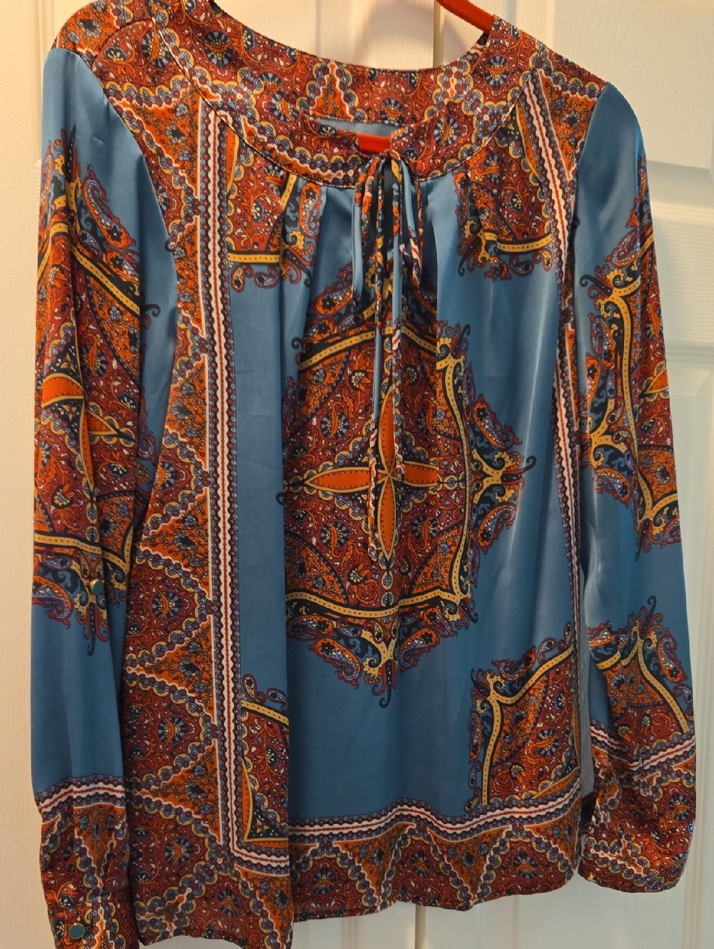 Blue Paisley Tie-Neck Long-Sleeve Blouse